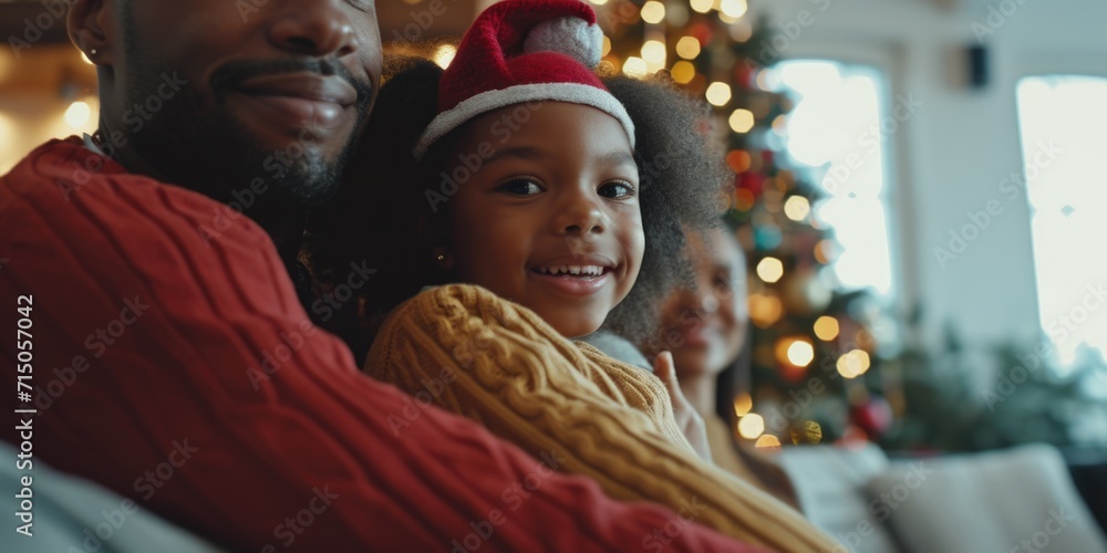 Poster a man and a little girl wearing festive christmas hats. suitable for holiday-themed designs and fami