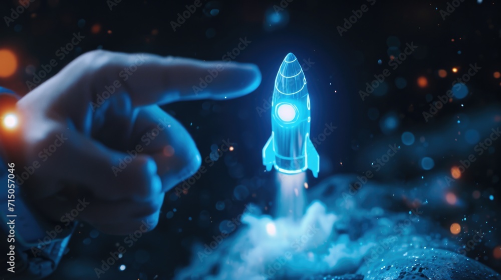 Poster A hand is seen pointing at a rocket ship that is emitting a bright glow. This image can be used to represent excitement, innovation, and the concept of reaching for the stars