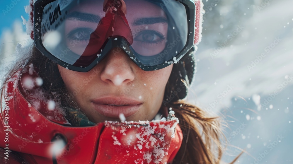 Wall mural A woman wearing goggles and a red coat standing in the snow. Perfect for winter activities and outdoor adventures