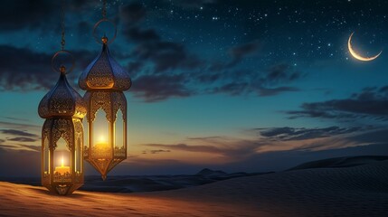 Lanterns stands in the desert at night sky, lantern islamic Mosque, crescent moon Ramadan Kareem themed illustration background