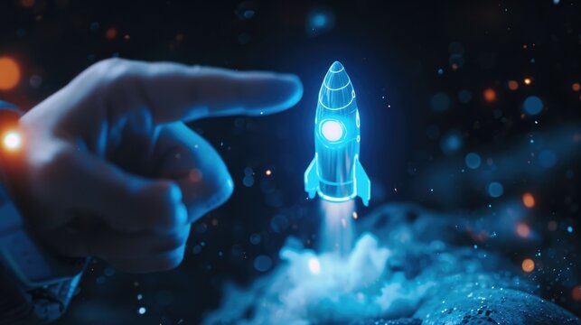 A hand is seen pointing at a rocket ship that is emitting a bright glow. This image can be used to represent excitement, innovation, and the concept of reaching for the stars