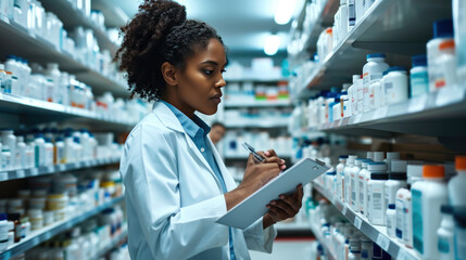 Female pharmacist or healthcare professional taking inventory or reviewing a clipboard in a pharmacy with shelves stocked with various medications. - obrazy, fototapety, plakaty