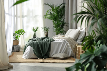 Bedroom with green houseplants and furniture that decor around the room, cozy home decor background, plant minimal design.