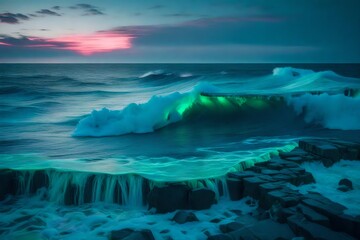 Naklejka premium Neon-hued waves forming a surreal aurora over a pixelated ocean