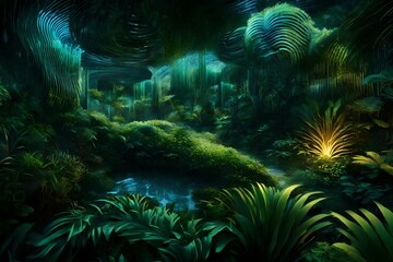 Fototapeta na wymiar Dynamic waves of light converging in a virtual jungle at dusk