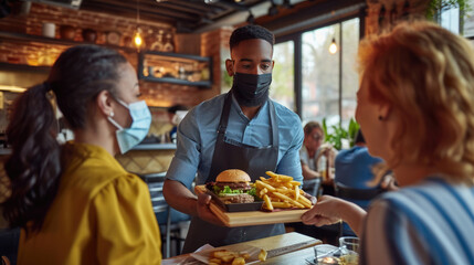 Waiter wearing a protective face mask is serving a burger and fries to two customers at a...