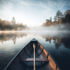 Bow of a canoe in the morning on a misty lake in Ontario, Canada. - obrazy, fototapety, plakaty
