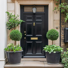 Fototapeta premium Black front door, front door of a house adorned with potted plants. Front door, black front door