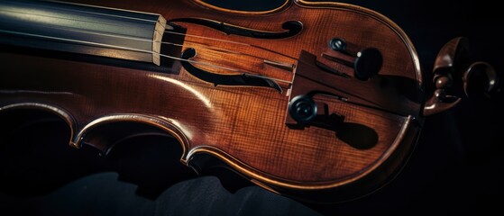 Fototapeta premium Close-Up of Violin on Black Background, Detailed Look at an Elegant Musical Instrument