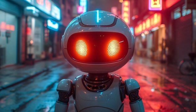 Dancing alien robot on a metal background with bright neon lights ,generative ai