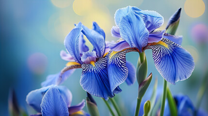 blue iris flowers in the garden closeup