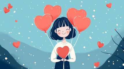 Illustration of a young happy girl with balloons on a blue background. Valentine's Day card