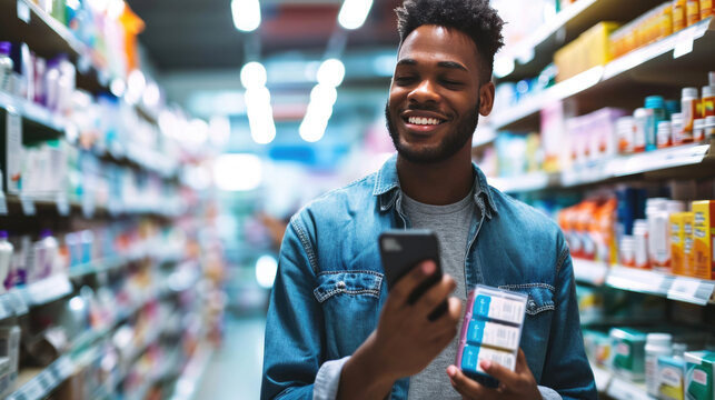 Young man holding a smartphone, standing in a pharmacy aisle