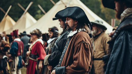 Historical reenactment scene with actors dressed in traditional 17th-century European attire in an outdoor encampment
