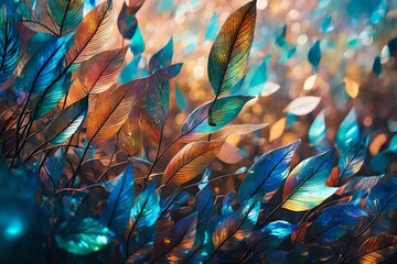 A close-up shot of holographic leaves fluttering in the breeze, forming a dynamic and enchanting abstract composition. - obrazy, fototapety, plakaty