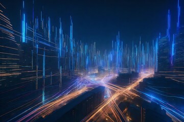 A 3D-rendered abstract cityscape with trails of light crisscrossing the sky, forming a dynamic and futuristic pattern. - obrazy, fototapety, plakaty