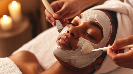 Relaxed woman receiving a facial treatment with a mask being applied to her face by a spa therapist in a serene spa environment. - obrazy, fototapety, plakaty