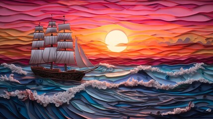 Ship in the sea at  sunset in paper quilling art technique.