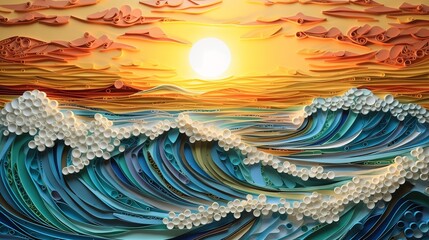 Sunrise over the sea in paper quilling art technique.