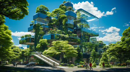 Future of the building site: ecological added value through intensive greening of facades, balconies, terraces and roofs  - obrazy, fototapety, plakaty