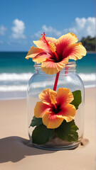 A Captivating Hibiscus Flower Jar Amidst Beach Serenity AI GENERATED