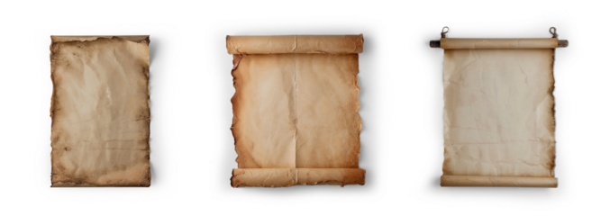 old torn and grunge poster paper sheet announcement sign hanged as empty blank mockup page textured letter, cutout on png transparent background collection