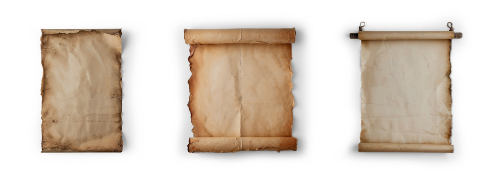 old torn and grunge poster paper sheet announcement sign hanged as empty blank mockup page textured letter, cutout on png transparent background collection