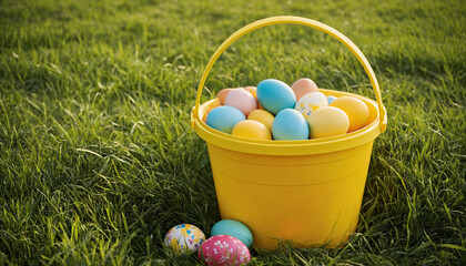 Yellow Plastic Bucket filled with Easter Eggs in a Grassy Field