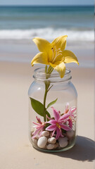 A Captivating Honeysuckle Flower Jar Amidst Beach Serenity AI GENERATED