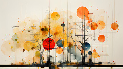 Autumnal Reverie: Abstract Graphic Illustration of Late Fall, Dark Silhouettes of Trees Amidst Orange and Yellow Circles, Ephemeral Reflections on the Past