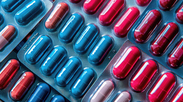 Close-up shot of a variety of pills and capsules in blister packs, showcasing an array of colors and textures.