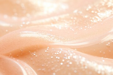 cream or lotion with texture with glitter pastel peach color closeup. Skincare product, vitamin c serum, cosmetics trendy backdrop. Peach fuzz.