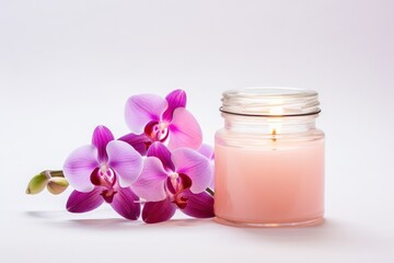 natural wax candle with orchid flower on minimal white background with copy space top. Spa, beauty salon, depilation, skincare banner.