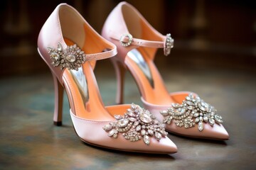 Luxury shoes with jewels and crystals. Wedding premium high heel shoes pastel peach color. Bride's wear.
