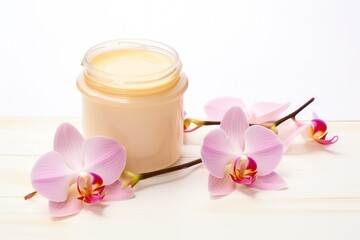 natural depilation wax jar with orchid flower on minimal white background with copy space top. Spa, beauty salon, skincare banner.