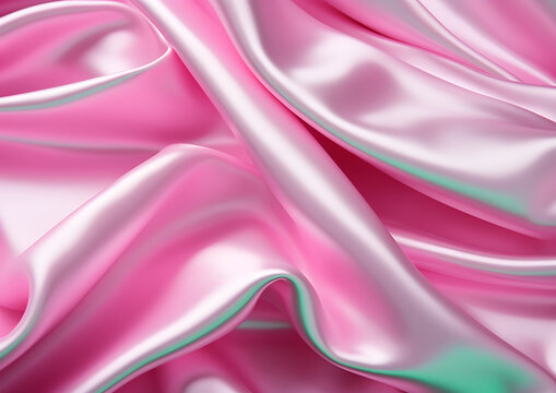Smooth, shiny satin fabric in pastel pink color with green overlay, creative background.