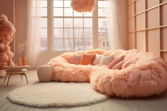 room with pastel peach interior with white fuzzy furniture dreamy home apartment