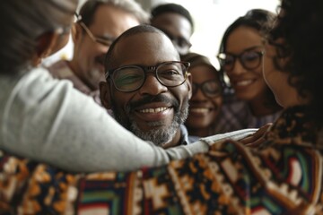 African-American family congratulates their father . Man wearing glasses, happy and smiling.