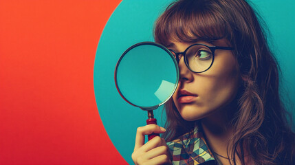 girl with magnifying glass - obrazy, fototapety, plakaty