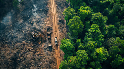 deforestation and environmental degradation by illegal logging - obrazy, fototapety, plakaty