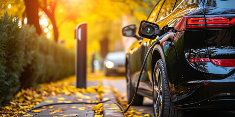 Electric car charging at a station on a sunny autumn day with colorful leaves, sustainable...