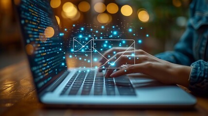 A direct selling project for an email marketing list featuring a woman hand using a laptop with an email icon, An email marketing concept with a notification alert generative ai