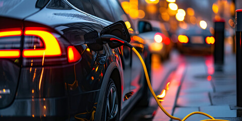 EV charging in urban setting during dusk, illuminated cityscape, eco-friendly vehicle and city life...