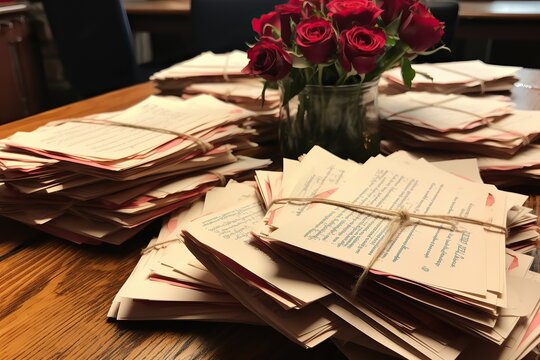Stacks of handwritten letters on a table with a vase of red roses
