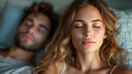 A picture of a woman with a very uncomfortable expression on her face. while her husband was snoring loudly in the background generative ai