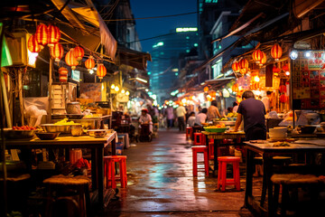 bustling night market with colorful stalls and delicious street food - obrazy, fototapety, plakaty