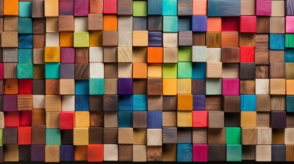 Colorful wooden blocks aligned in wide format, hand edited generative design concept