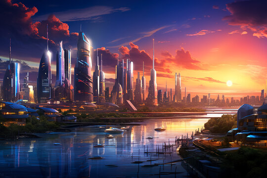 futuristic city skyline at sunset