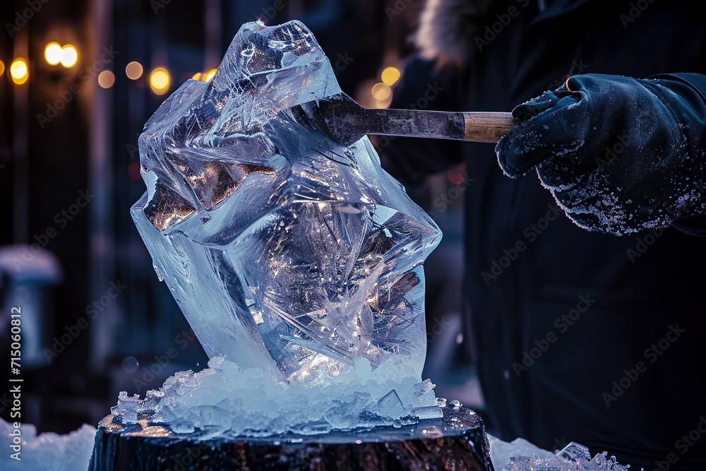 Poster ice sculpture with a shape and a chisel
