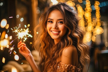Fototapeta premium Cheerful girl holding sparkler in beautiful portrait image